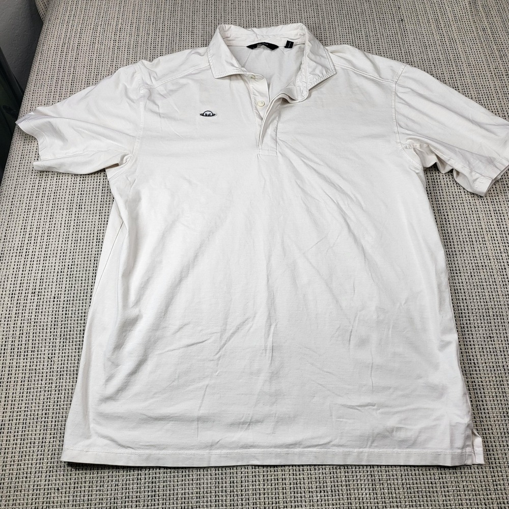 RADMOR Polo Shirt Mens Large White Logo Patch Golf Jersey Short‎ Sleeve Casual